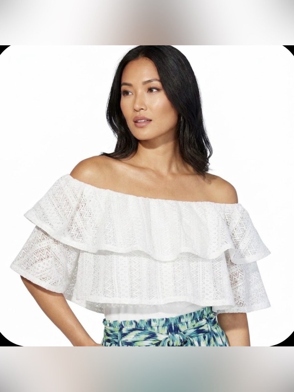 K. Jordan White Lace Off-Shoulder Ruffle Women's shirt L folklore boho angel or